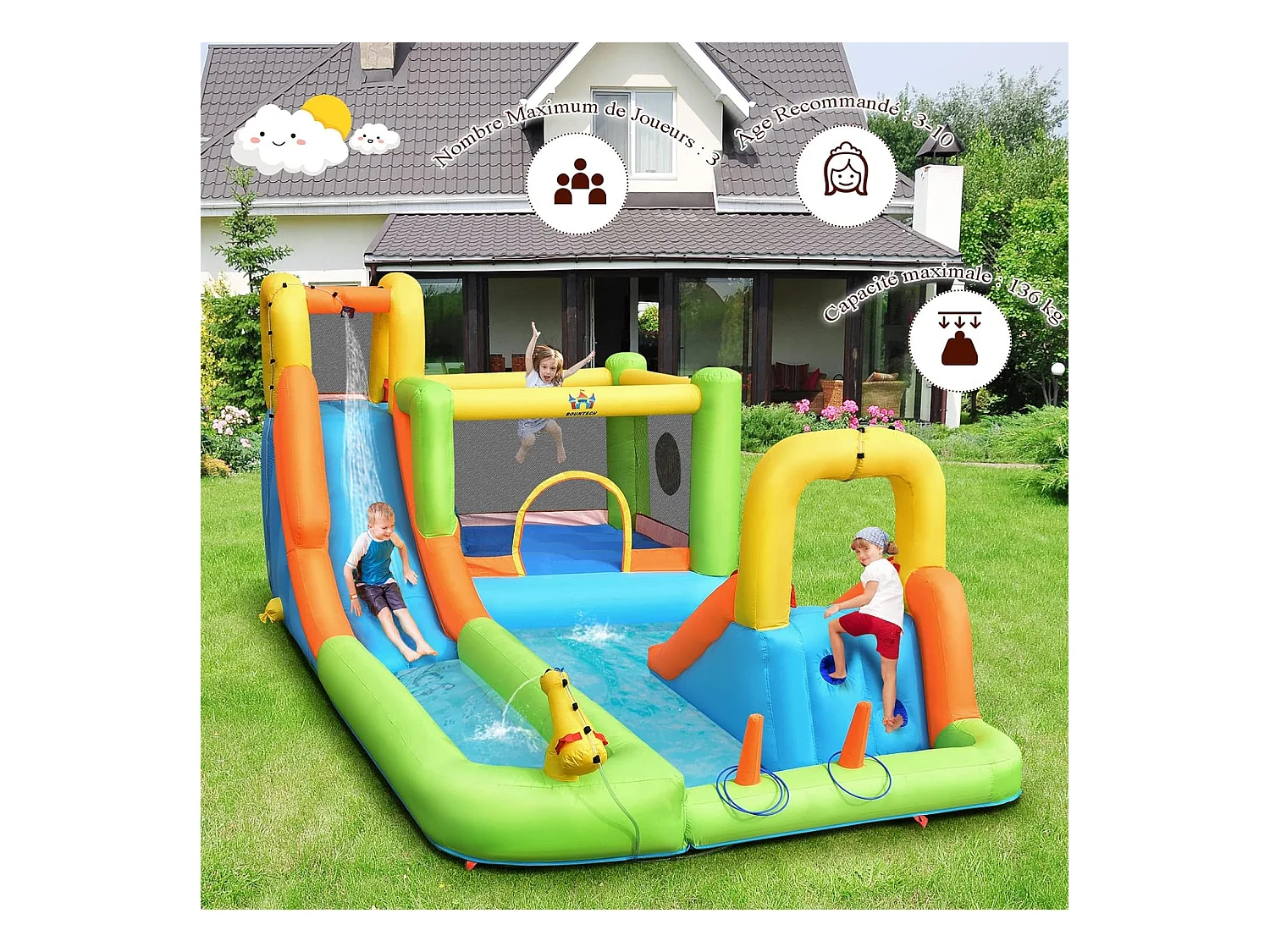 Château gonflable 8 en 1 avec 2 toboggan, pour 3 enfants de 3-10 ans (Sans souffleur)
