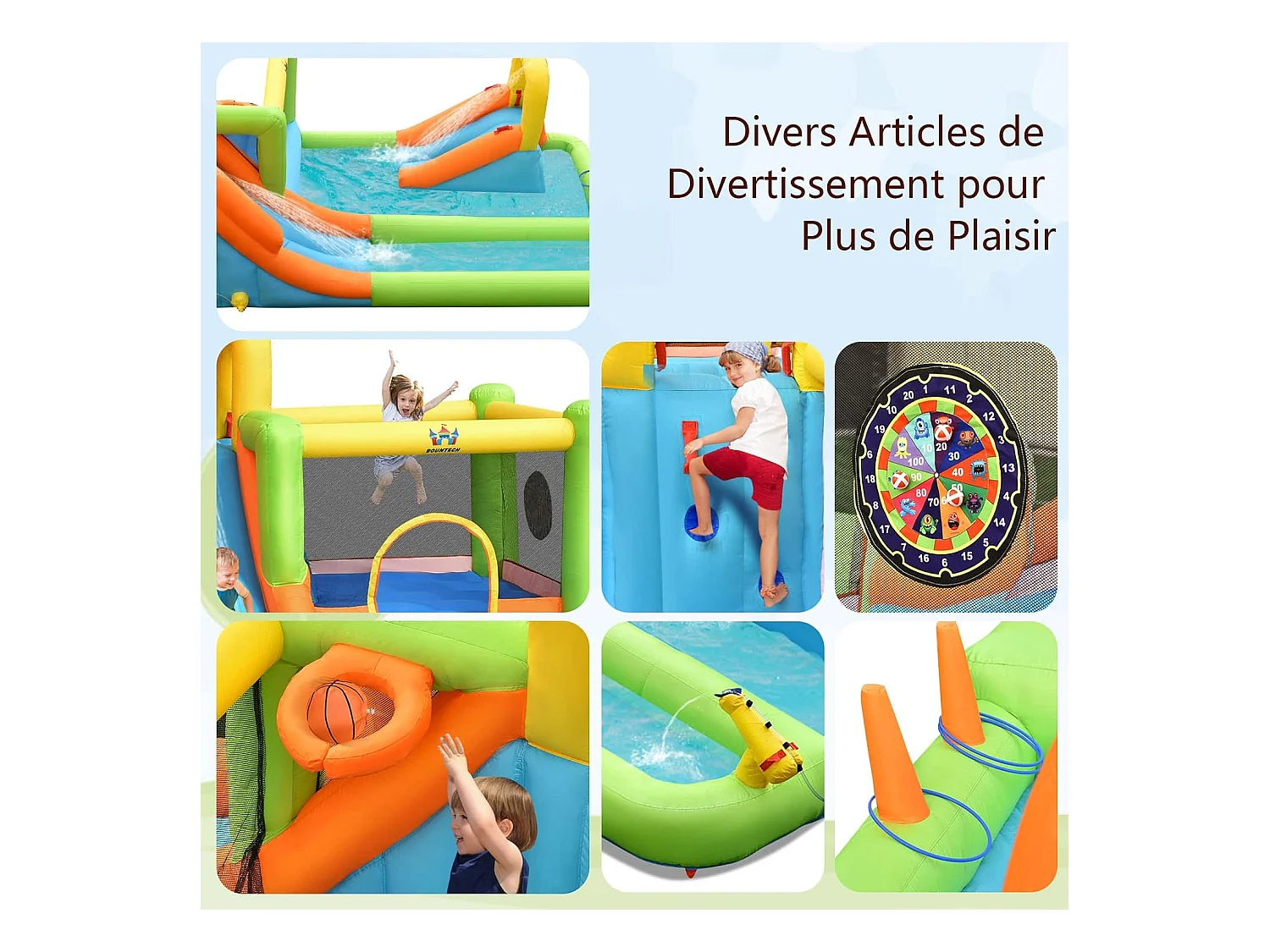 Château gonflable 8 en 1 avec 2 toboggan, pour 3 enfants de 3-10 ans (Sans souffleur)