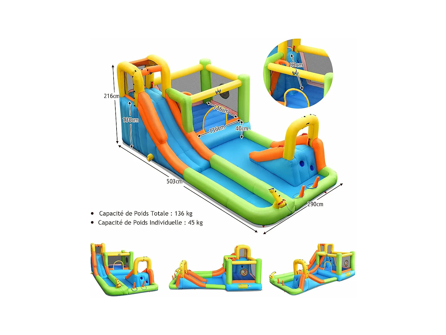 Château gonflable 8 en 1 avec 2 toboggan, pour 3 enfants de 3-10 ans (Sans souffleur)