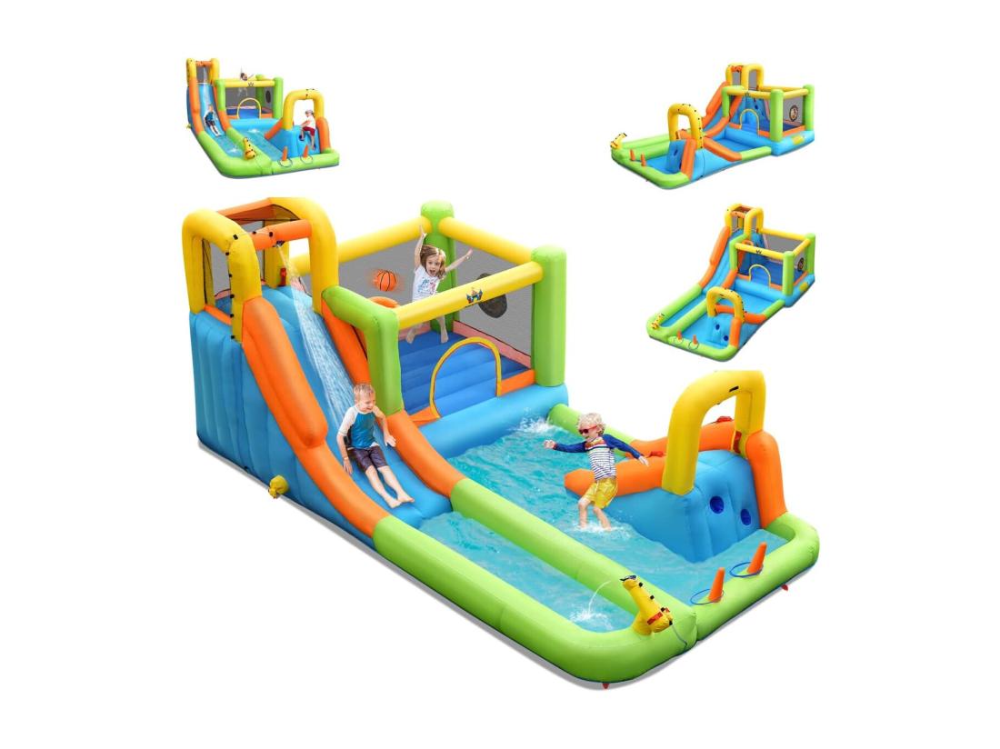 vente unique Château Gonflable 8 en 1 avec 2 Toboggans Parc Aquatique avec Maison de Saut Mur d'Escalade Panier de Basket Sac de Transport Charge 135kg pour 3 Enfants de 3-10 Ans (Sans souffleur)