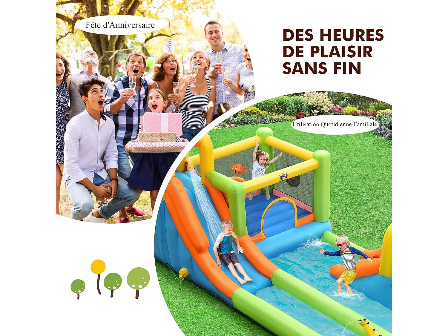 Château gonflable 8 en 1 avec 2 toboggan, pour 3 enfants de 3-10 ans (Sans souffleur)