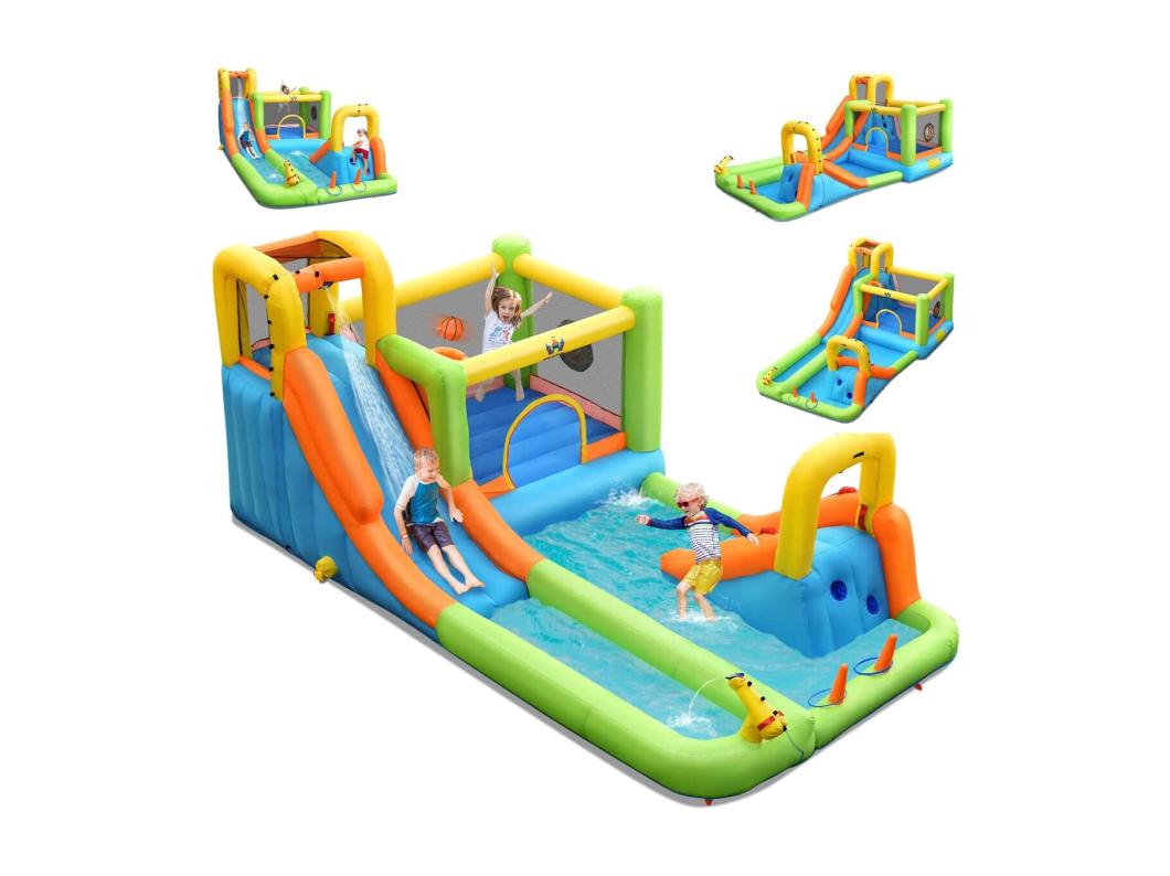 8 in 1 opblaasbaar kasteel met 2 glijbanen, waterpark met springkussen, klimwand, basketbalring, draagtas, draagvermogen 135 kg voor 3 kinderen van 3-10 jaar (zonder blower)