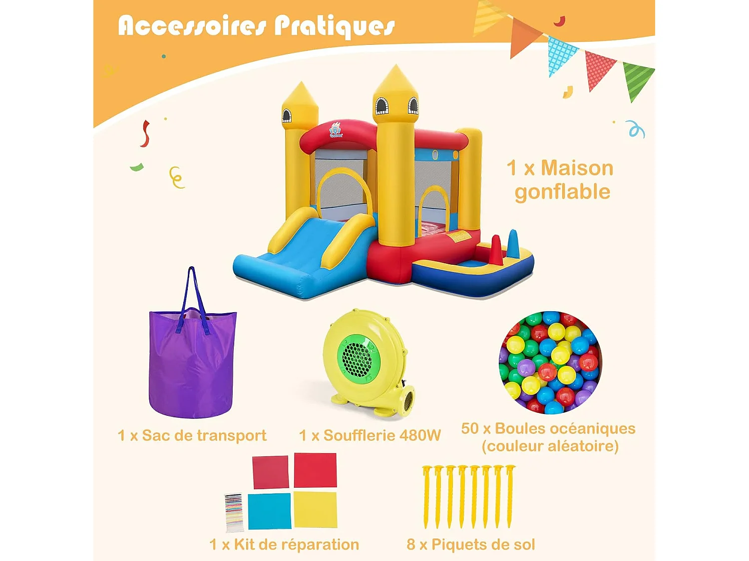 Château Gonflable 6 en 1 Enfants avec Souffleur 480W