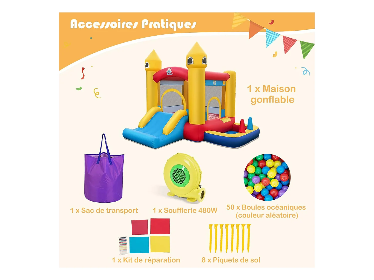 Château Gonflable 6 en 1 Enfants avec Souffleur 480W