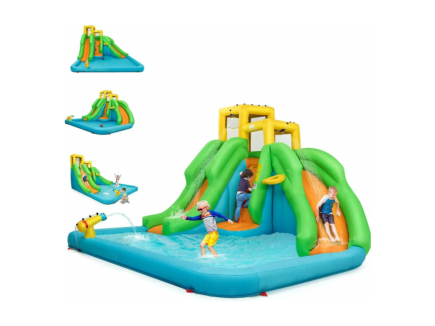 5 en 1 Château Gonflable Enfants avec Toboggan Double, Parc Aquatique Gonflable