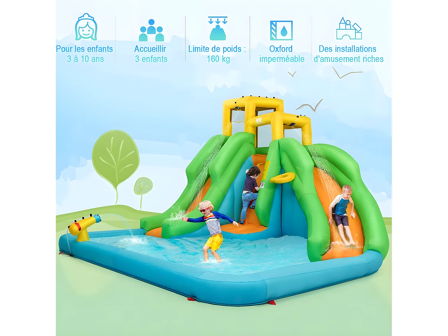 5 en 1 Château Gonflable Enfants avec Toboggan Double, Parc Aquatique Gonflable