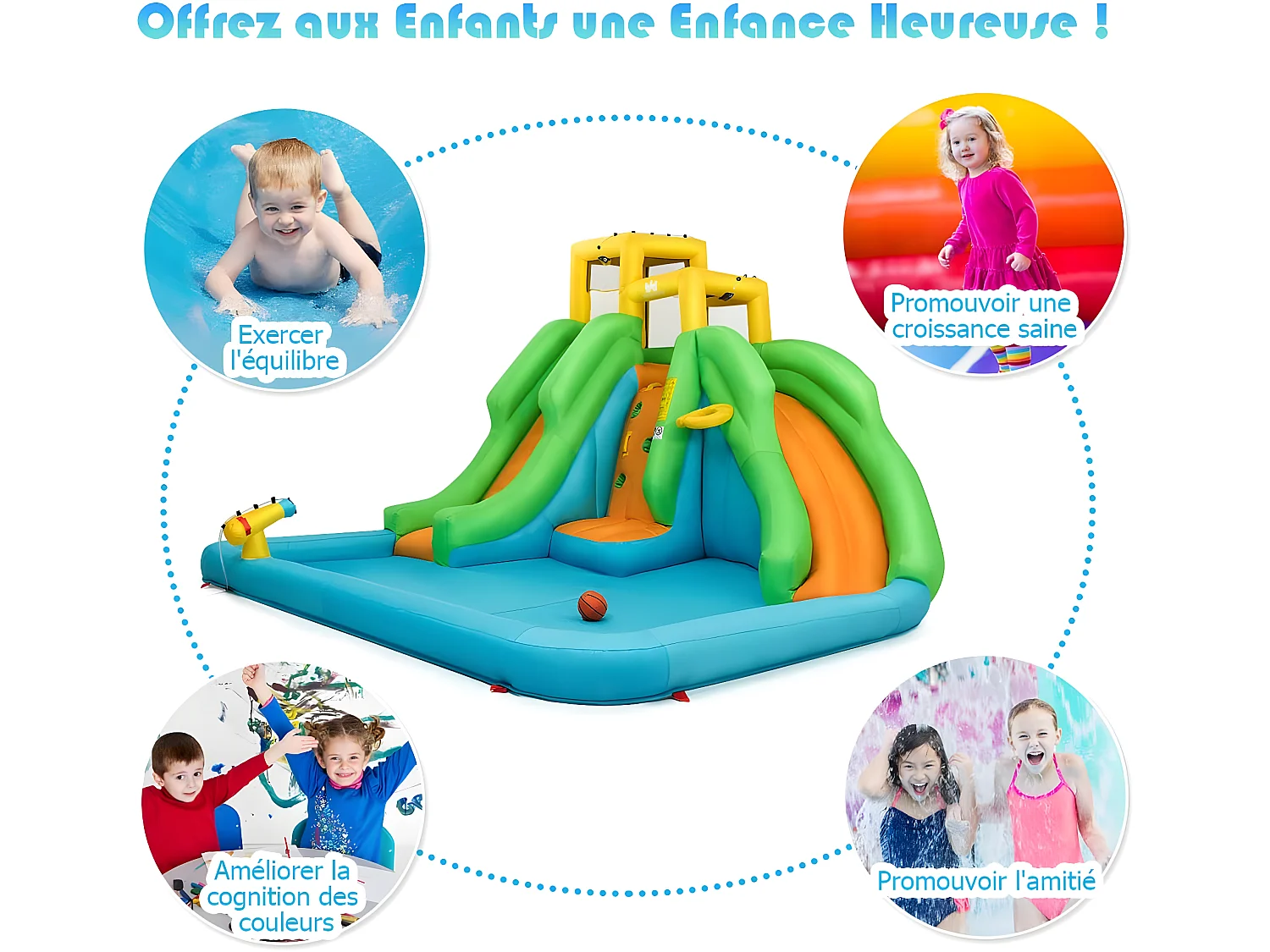 5 en 1 Château Gonflable Enfants avec Toboggan Double, Parc Aquatique Gonflable