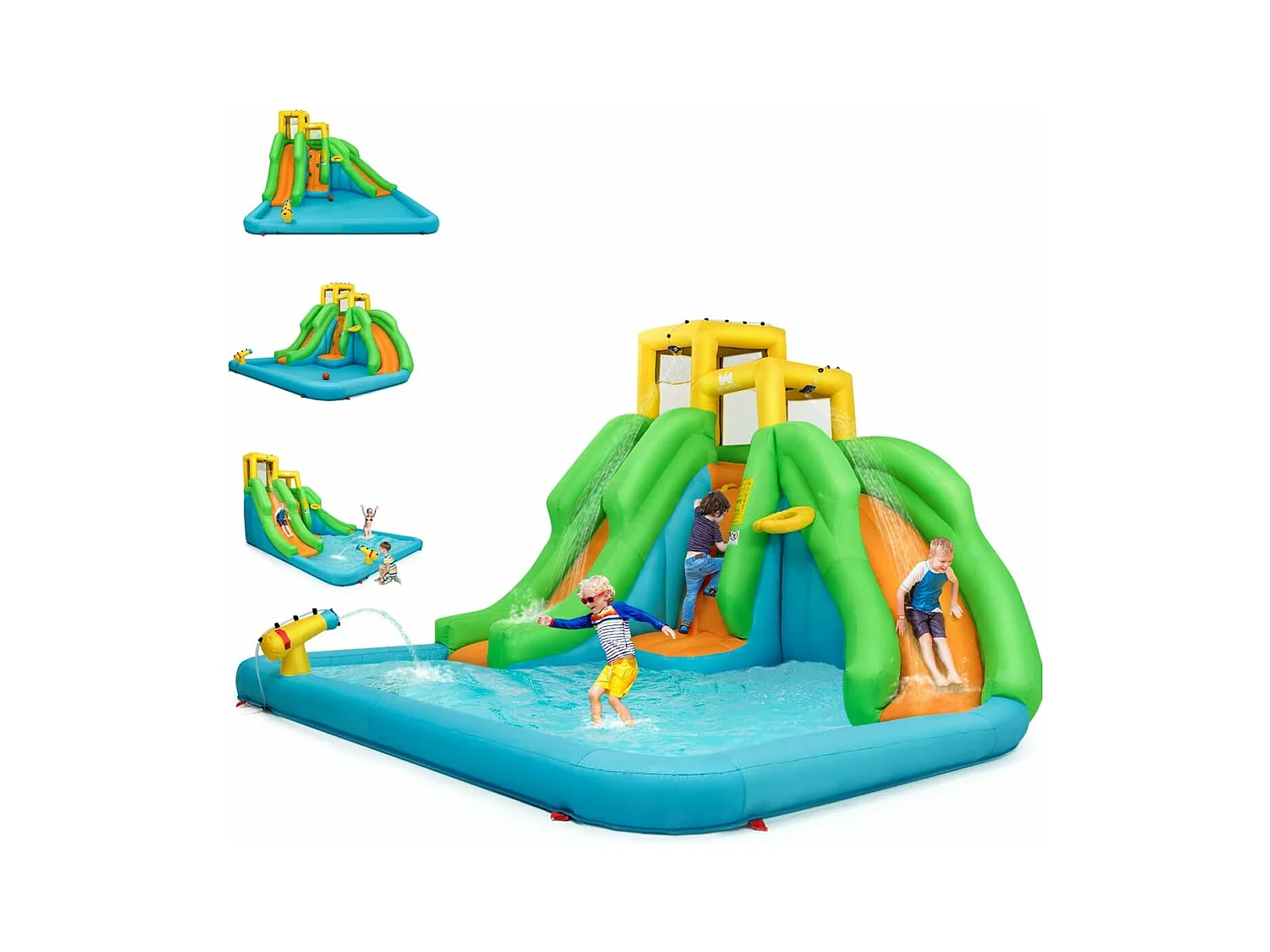 5 en 1 Château Gonflable Enfants avec Toboggan Double, Parc Aquatique Gonflable