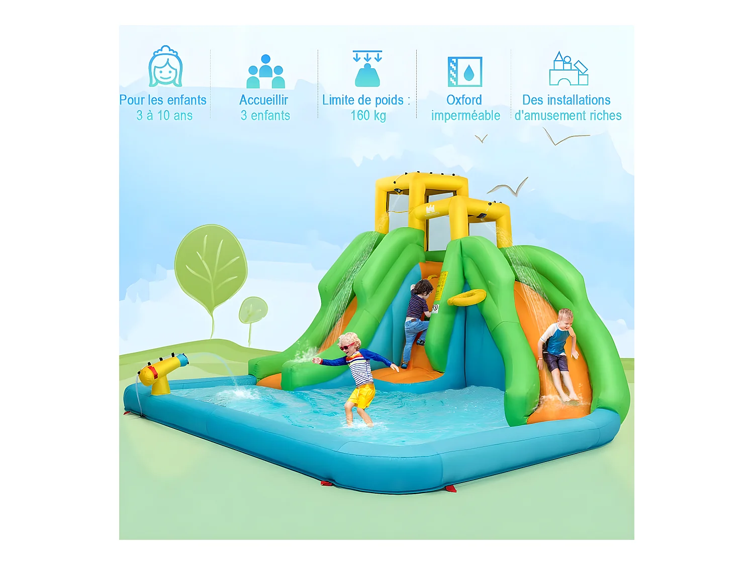 5 en 1 Château Gonflable Enfants avec Toboggan Double, Parc Aquatique Gonflable