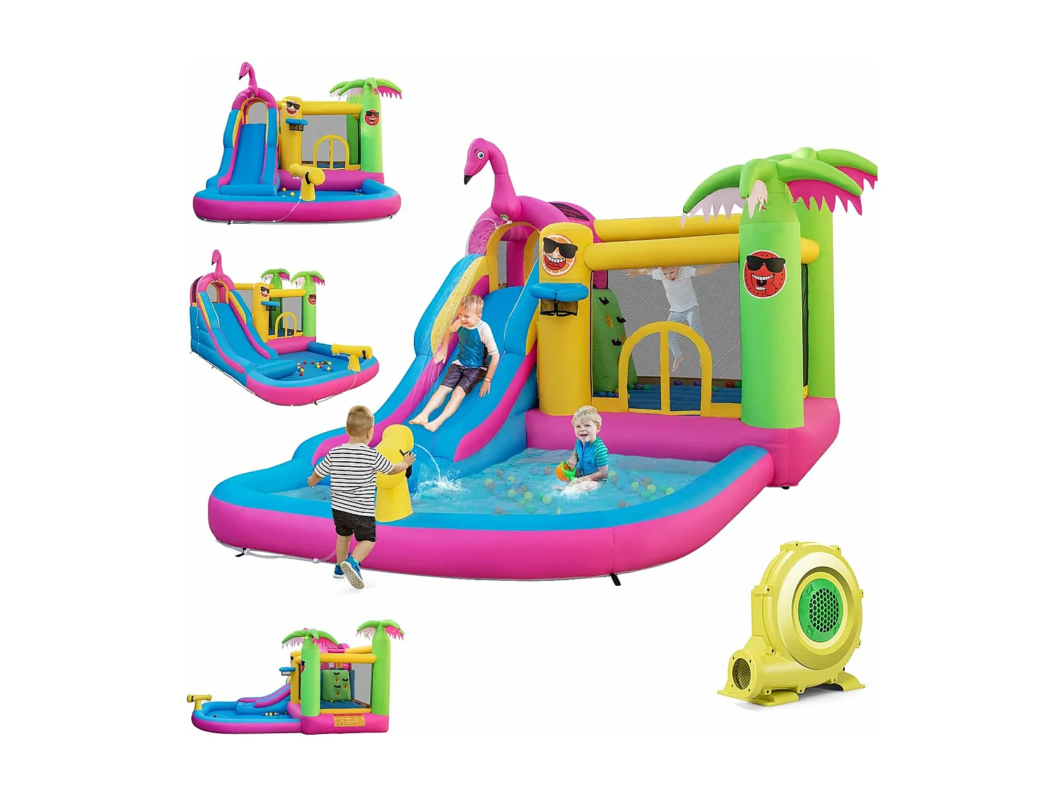 Château Gonflable Thème Tropical avec Souffleur 680W, Long Toboggan Aquatique,Piscine à Eclaboussures Ballon Océanique