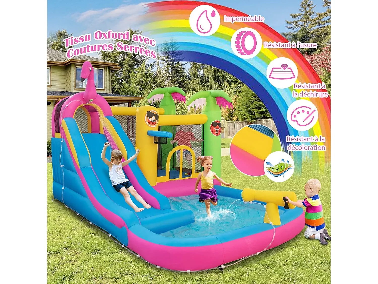 Château Gonflable Thème Tropical avec Souffleur 680W, Long Toboggan Aquatique,Piscine à Eclaboussures Ballon Océanique