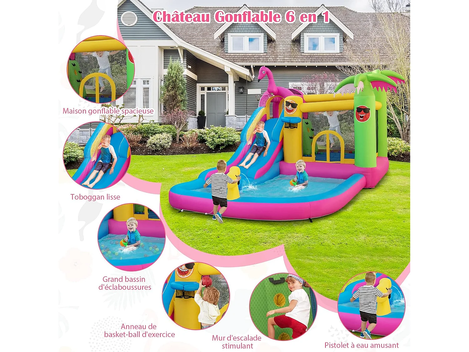 Château Gonflable Thème Tropical avec Souffleur 680W, Long Toboggan Aquatique,Piscine à Eclaboussures Ballon Océanique