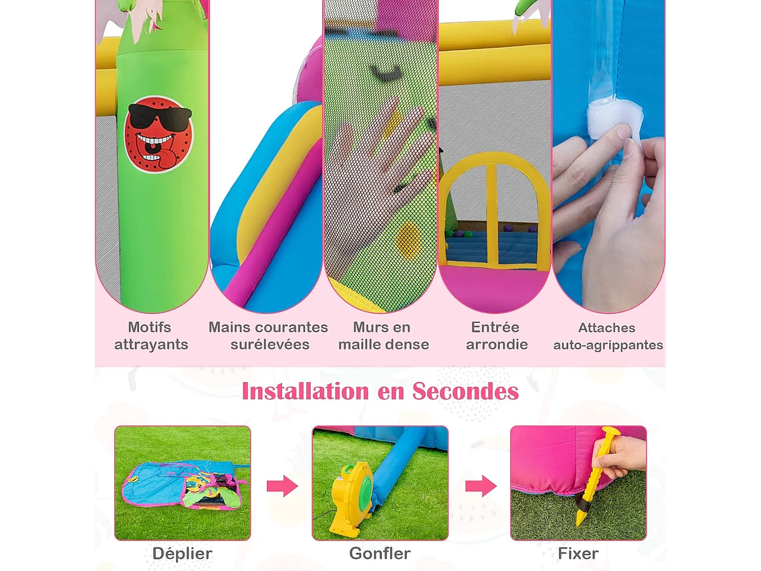 Château Gonflable Thème Tropical avec Souffleur 680W, Long Toboggan Aquatique,Piscine à Eclaboussures Ballon Océanique