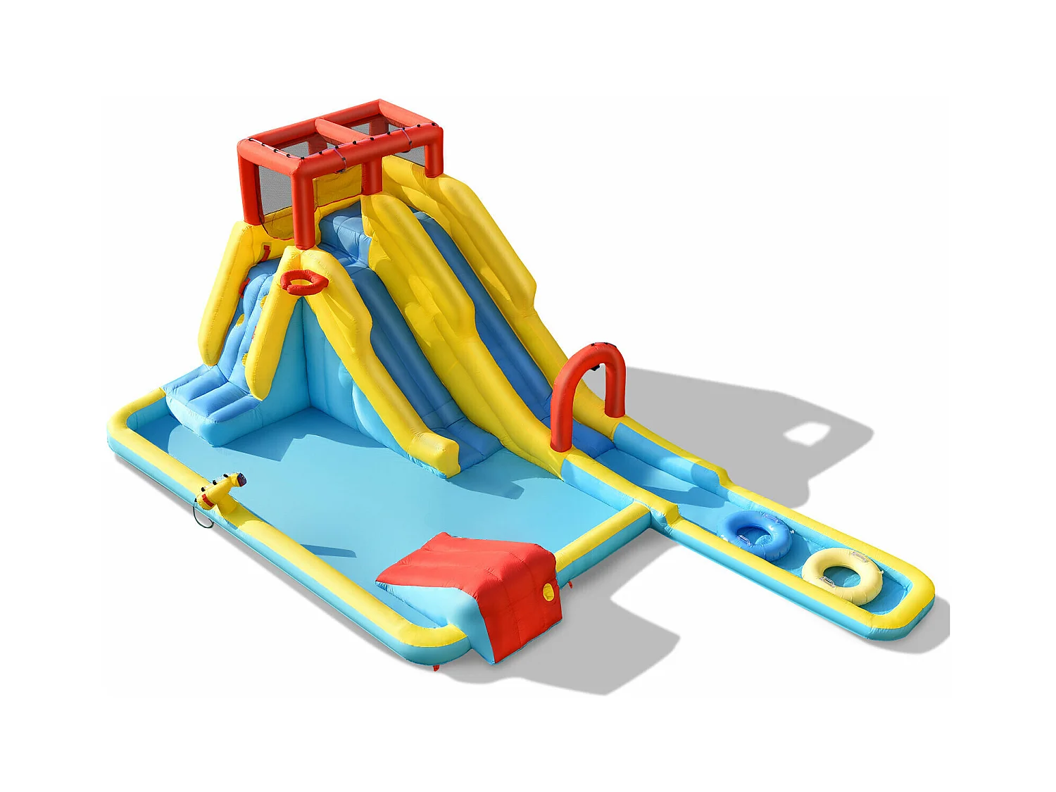 Château Gonflable 8 en 1 avec Double Toboggan Aquatique, Maison de Rebond Gonflable avec Mur d’Escalade, Pistolet à Eau, Anneaux de Natation pour 3 Enfants de 3-10 Ans (sans souffleur)