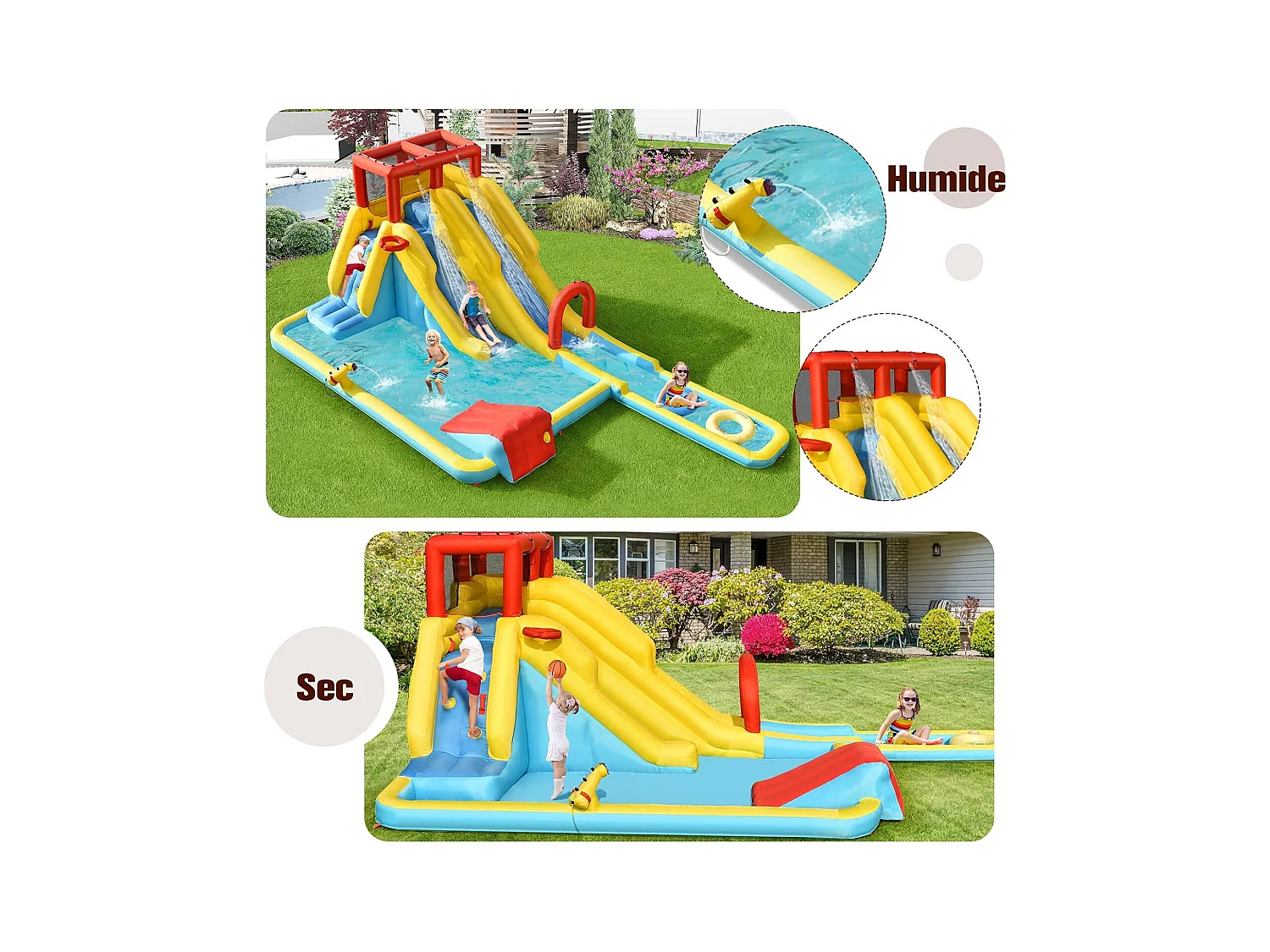 Château gonflable 8 en 1 avec double toboggan aquatique, pour 3 enfants de 3-10 ans(sans souffleur)