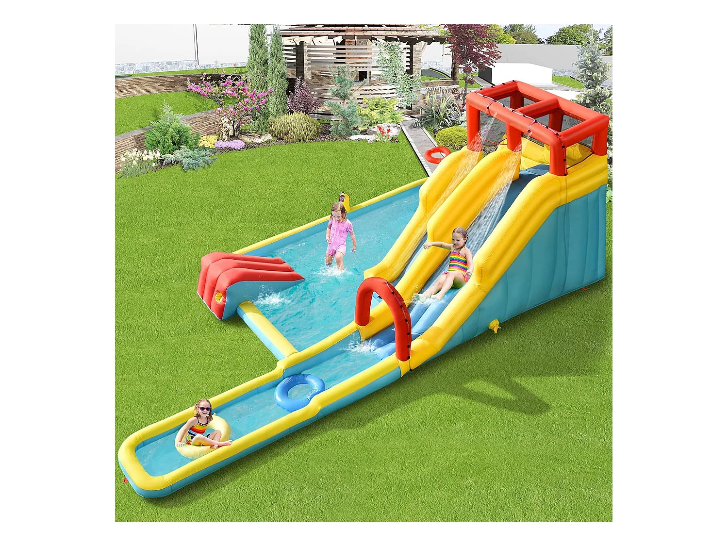 Château gonflable 8 en 1 avec double toboggan aquatique, pour 3 enfants de 3-10 ans(sans souffleur)