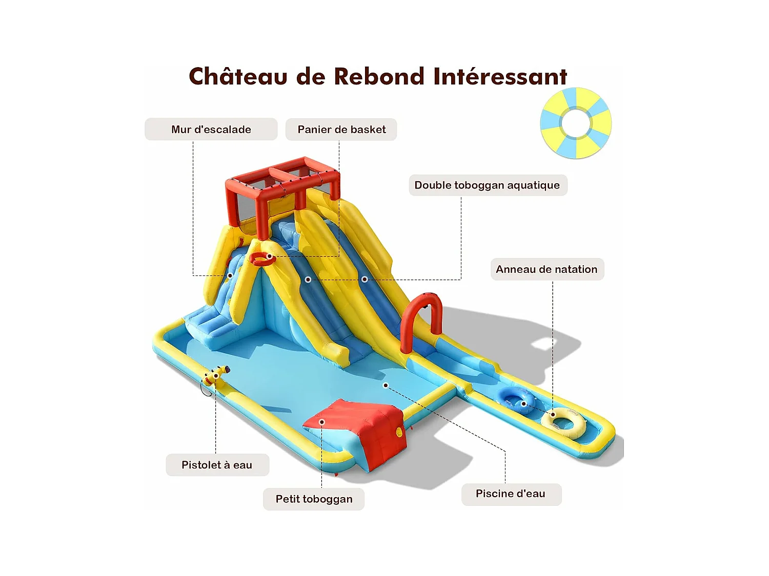 Château gonflable 8 en 1 avec double toboggan aquatique, pour 3 enfants de 3-10 ans(sans souffleur)