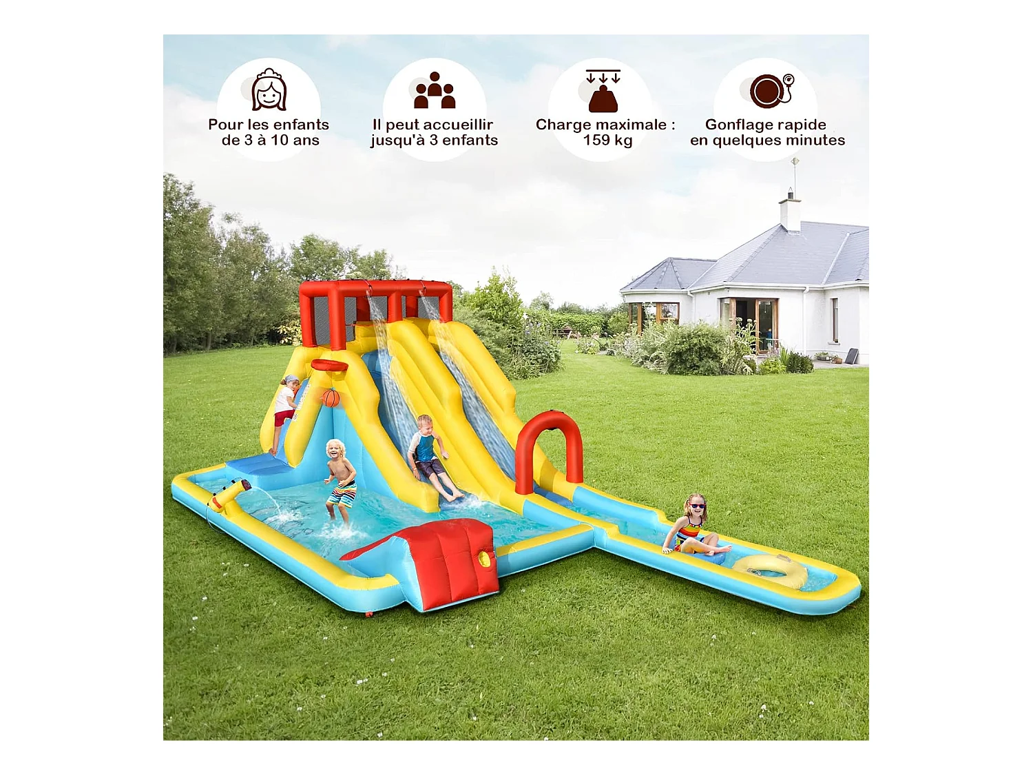Château gonflable 8 en 1 avec double toboggan aquatique, pour 3 enfants de 3-10 ans(sans souffleur)