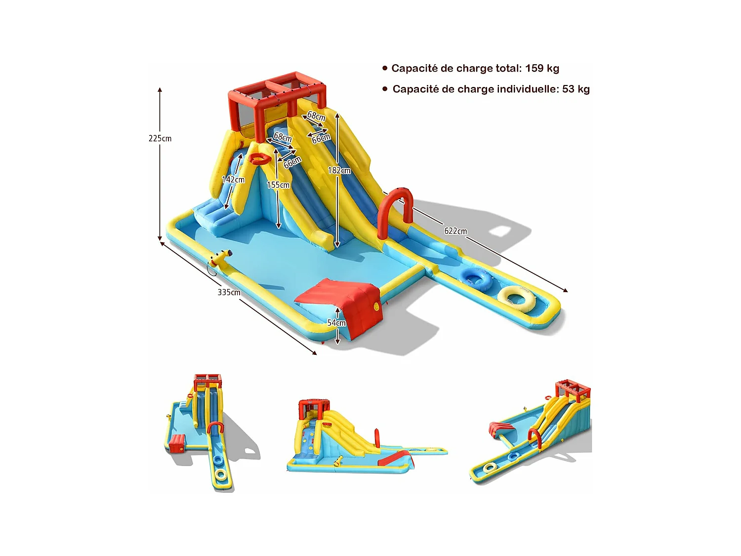 Château gonflable 8 en 1 avec double toboggan aquatique, pour 3 enfants de 3-10 ans(sans souffleur)