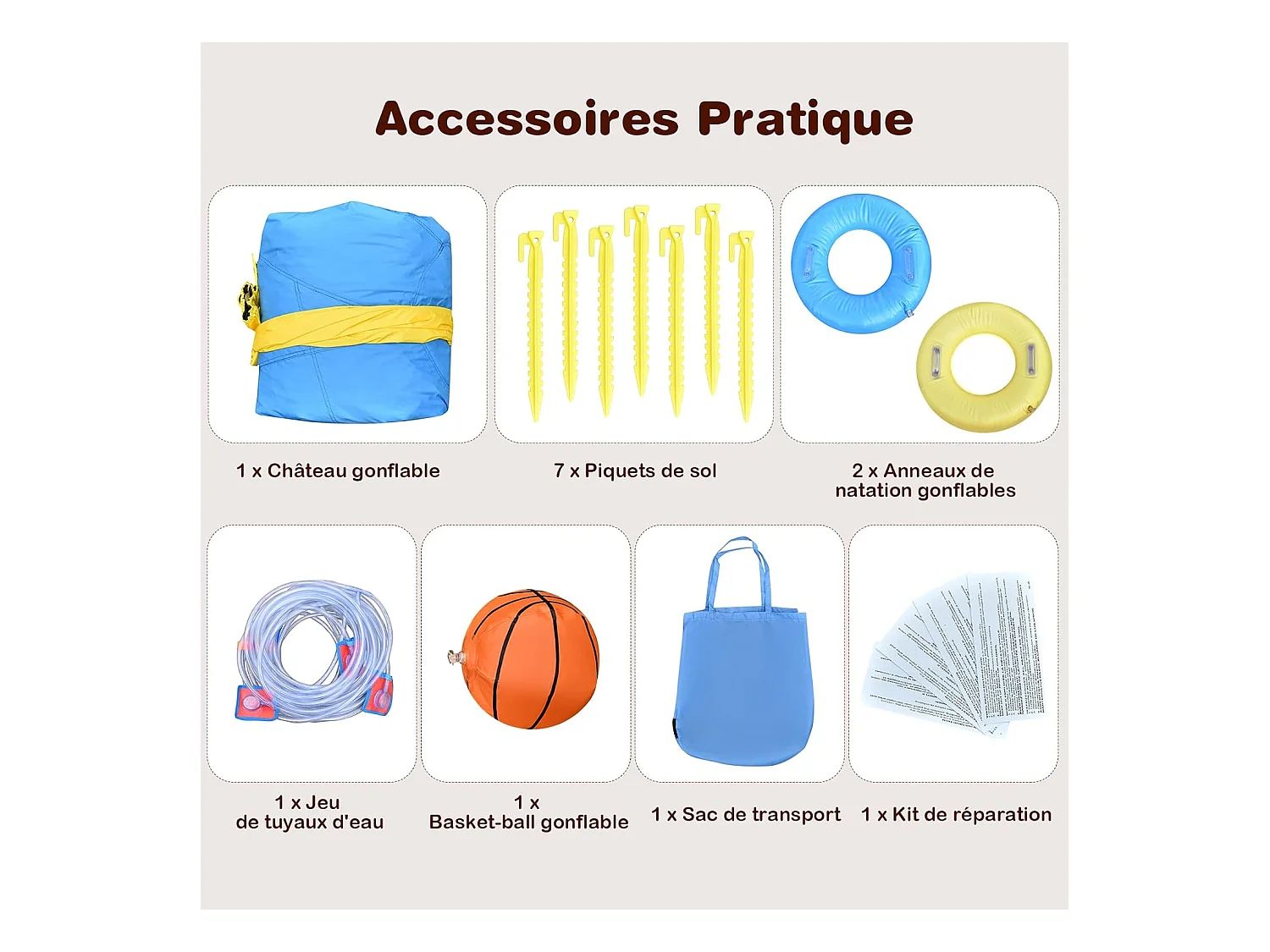 Château gonflable 8 en 1 avec double toboggan aquatique, pour 3 enfants de 3-10 ans(sans souffleur)