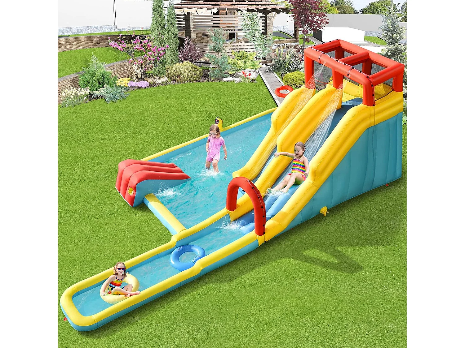 Château gonflable 8 en 1 avec double toboggan aquatique, pour 3 enfants de 3-10 ans(sans souffleur)
