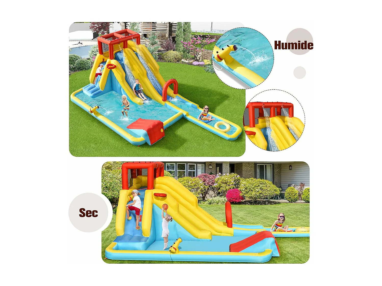 Château gonflable 8 en 1 avec double toboggan aquatique, pour 3 enfants de 3-10 ans(sans souffleur)