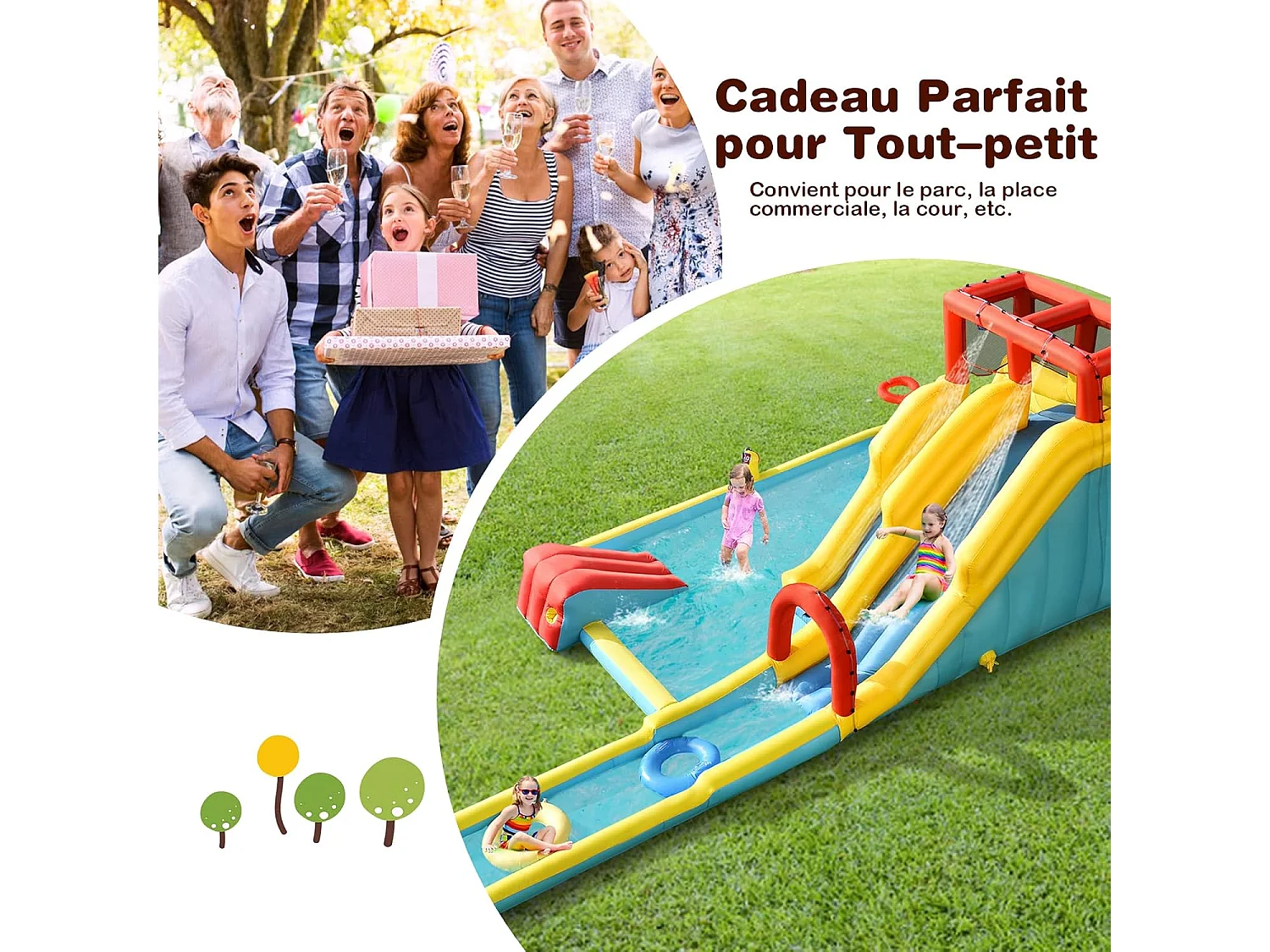 Château gonflable 8 en 1 avec double toboggan aquatique, pour 3 enfants de 3-10 ans(sans souffleur)