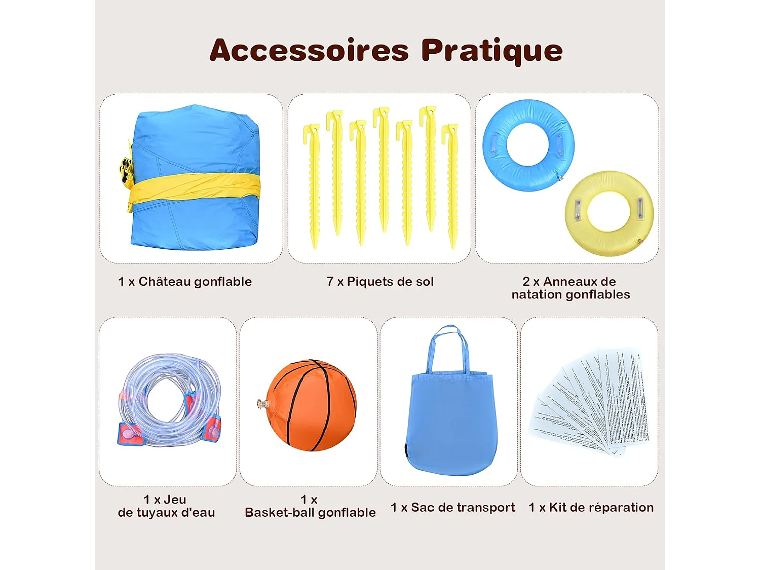 Château gonflable 8 en 1 avec double toboggan aquatique, pour 3 enfants de 3-10 ans(sans souffleur)