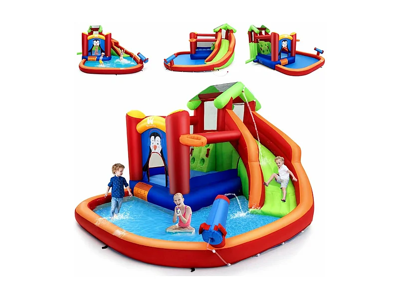 Château Gonflable avec Toboggans Aquatiques, Aire de Jeux Gonflable Piscine avec Motif de Pingouin