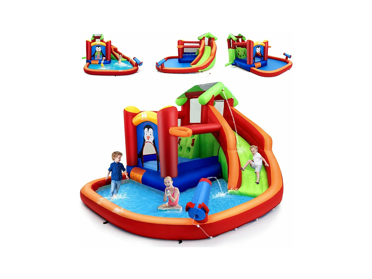 Château Gonflable avec Toboggans Aquatiques, Aire de Jeux Gonflable Piscine avec Motif de Pingouin
