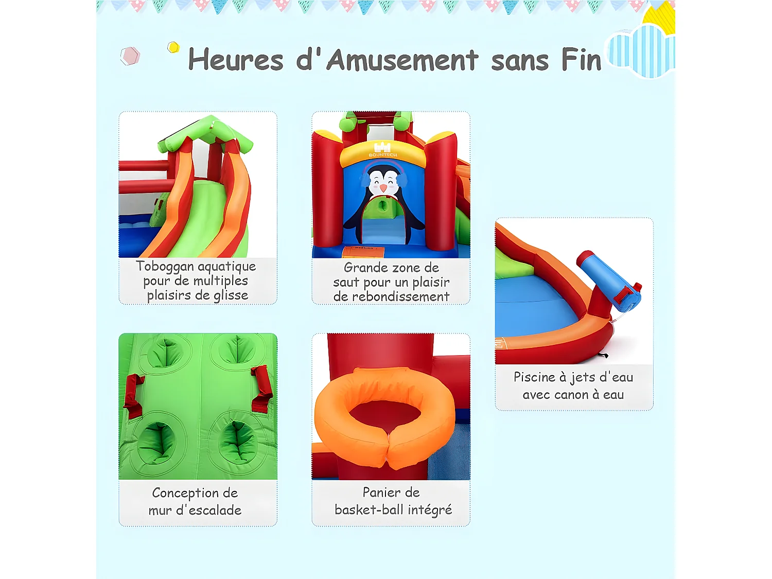Château Gonflable avec Toboggans Aquatiques, Aire de Jeux Gonflable Piscine avec Motif de Pingouin