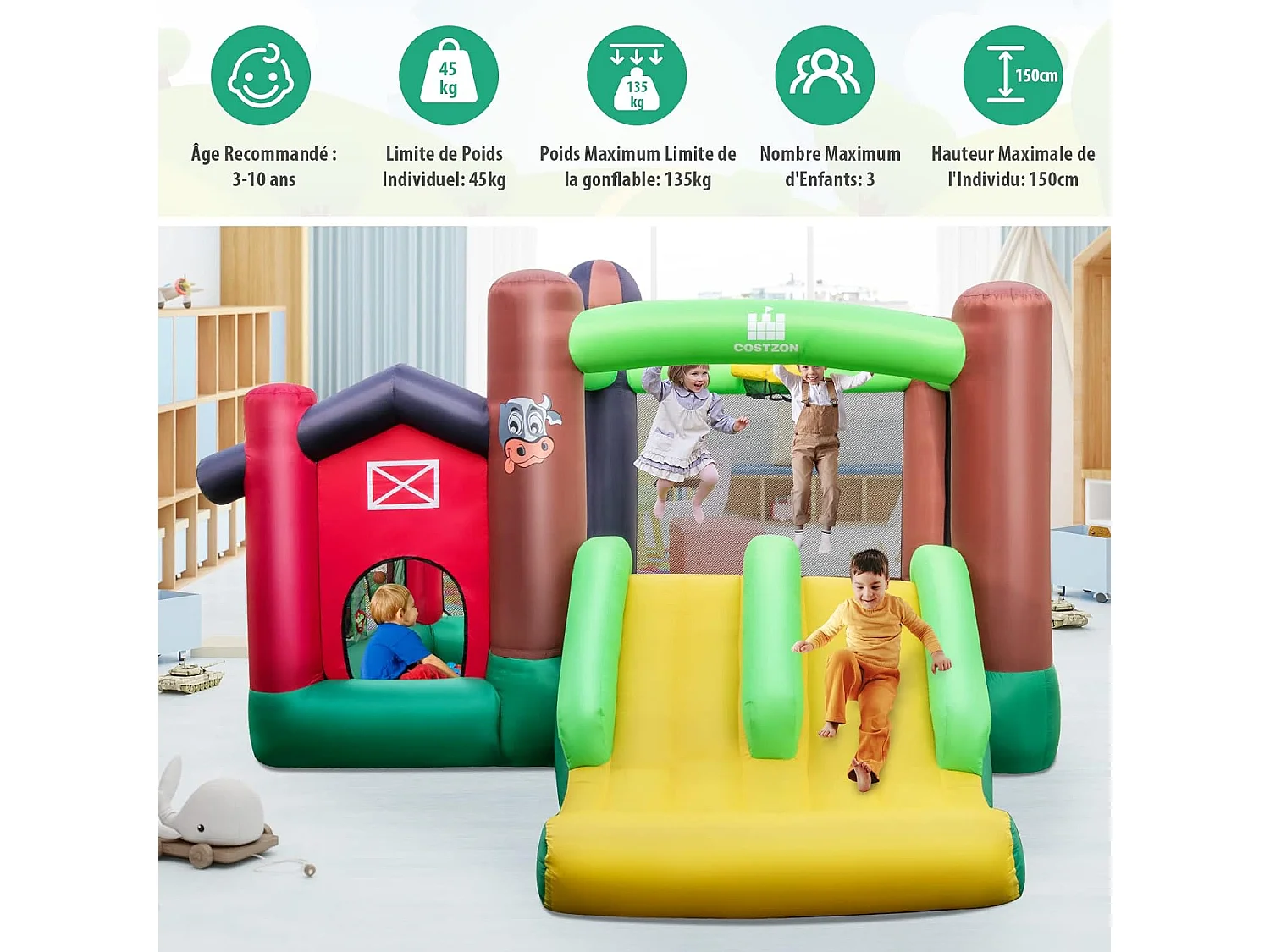 Château gonflable 6-en-1 avec toboggan doubles, 356x330x220CM, 3-10 ans (avec souffleur)