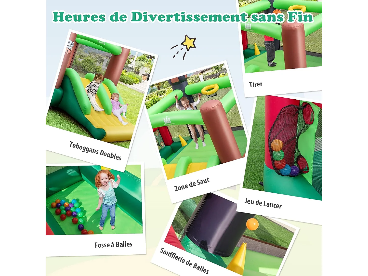 Château gonflable 6-en-1 avec toboggan doubles, 356x330x220CM, 3-10 ans (avec souffleur)
