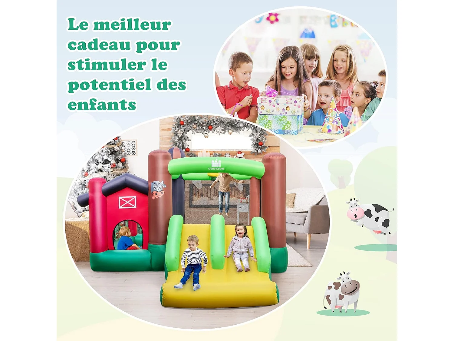 Château gonflable 6-en-1 avec toboggan doubles, 356x330x220CM, 3-10 ans (avec souffleur)