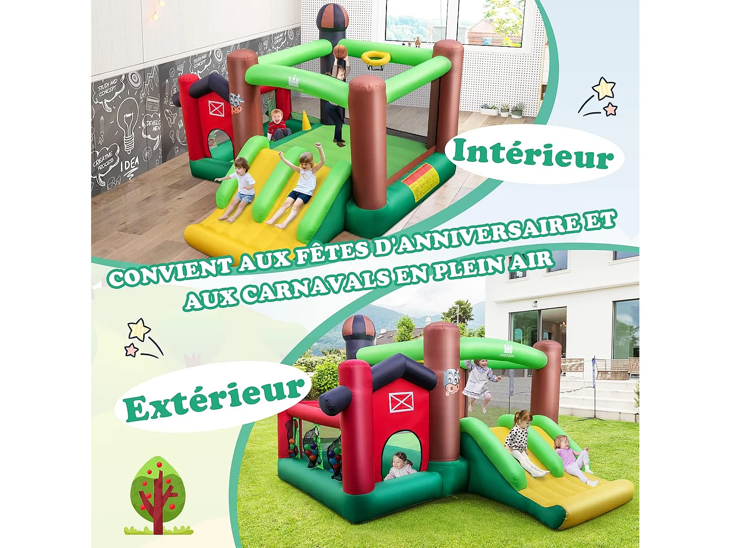 Château gonflable 6-en-1 avec toboggan doubles, 356x330x220CM, 3-10 ans (avec souffleur)
