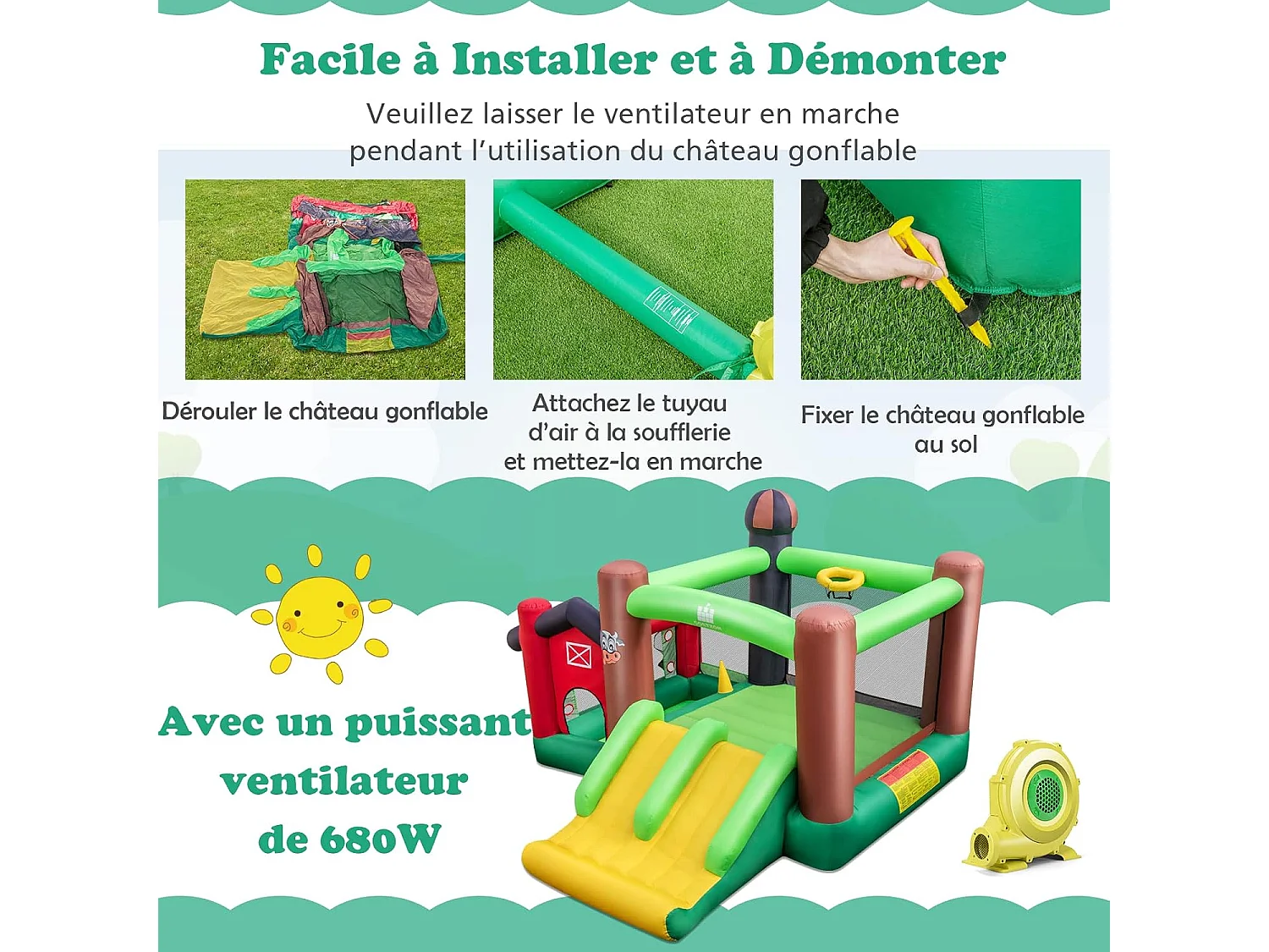 Château gonflable 6-en-1 avec toboggan doubles, 356x330x220CM, 3-10 ans (avec souffleur)