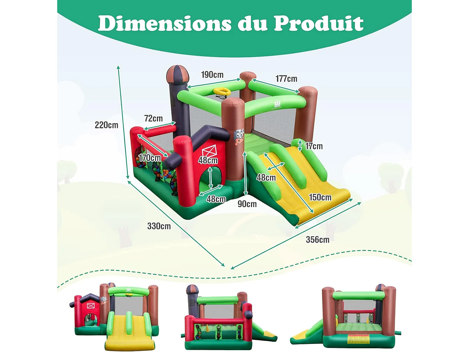 Château gonflable 6-en-1 avec toboggan doubles, 356x330x220CM, 3-10 ans (avec souffleur)