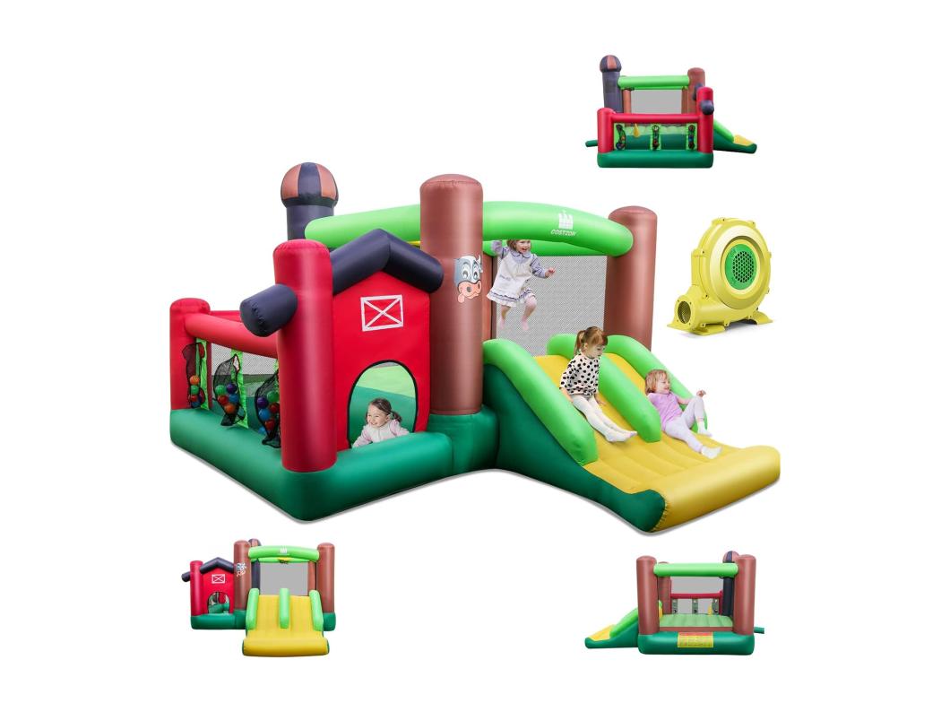 Château Gonflable 6-en-1 avec Toboggans Doubles, Maison Gonflable Intérieur Extérieur avec Trampoline, Sac de Transport, Panier de Basket, Thème Ferme, 356x330x220CM, 3-10 Ans (Avec souffleur)