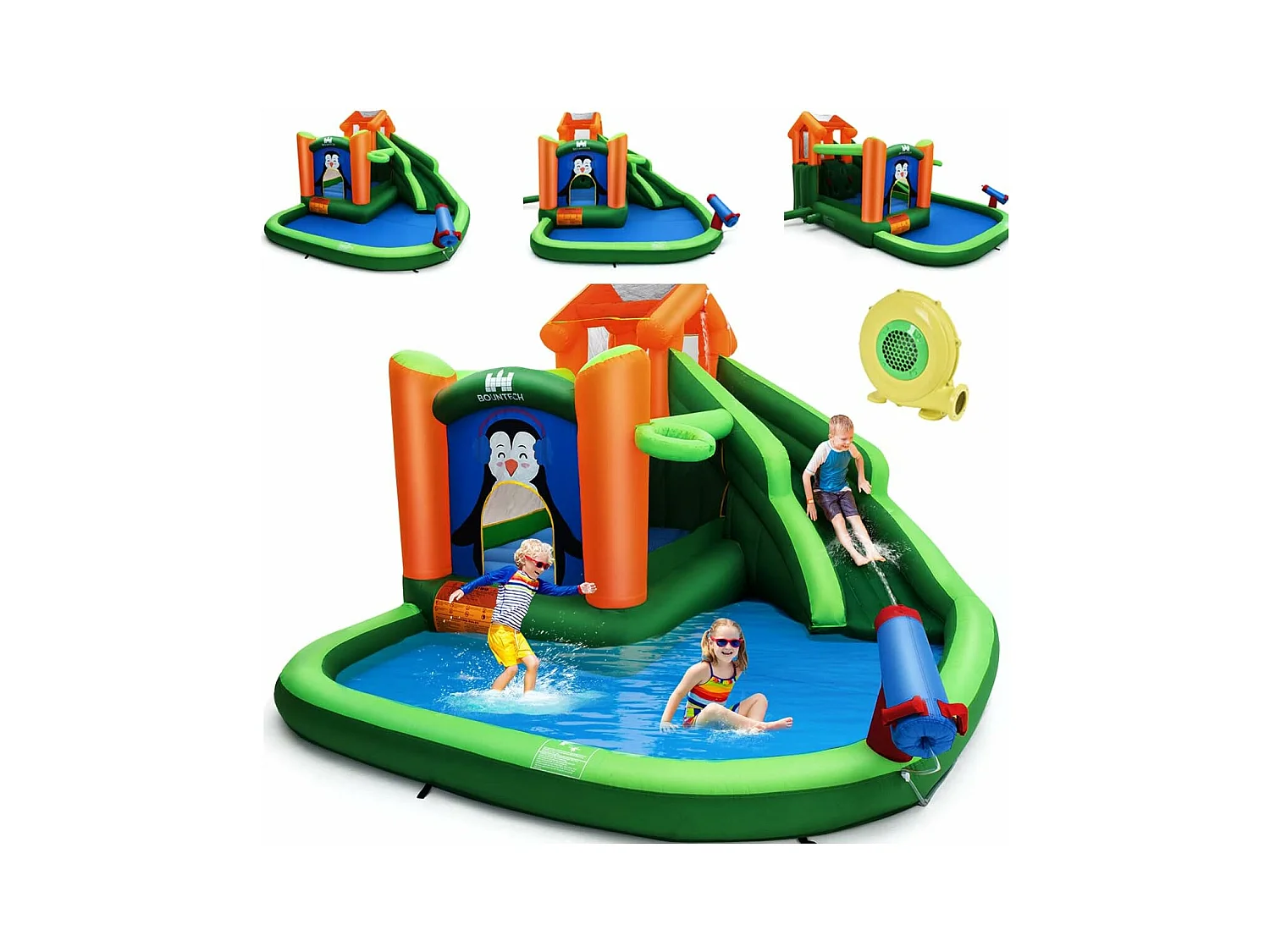 Château Gonflable avec Toboggans Aquatiques, Aire de Jeux Gonflable Piscine avec Motif de Boisgouin, Canon à Eau, Panier de Basket-Ball 3 à 10 Ans Vert Avec Souffleur 680W