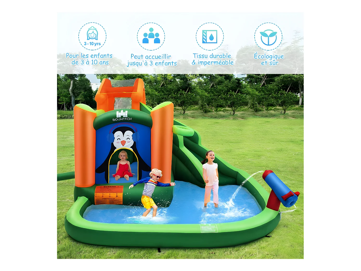 Château Gonflable avec Toboggans Aquatiques, Aire de Jeux Gonflable Piscine avec Motif de Pingouin