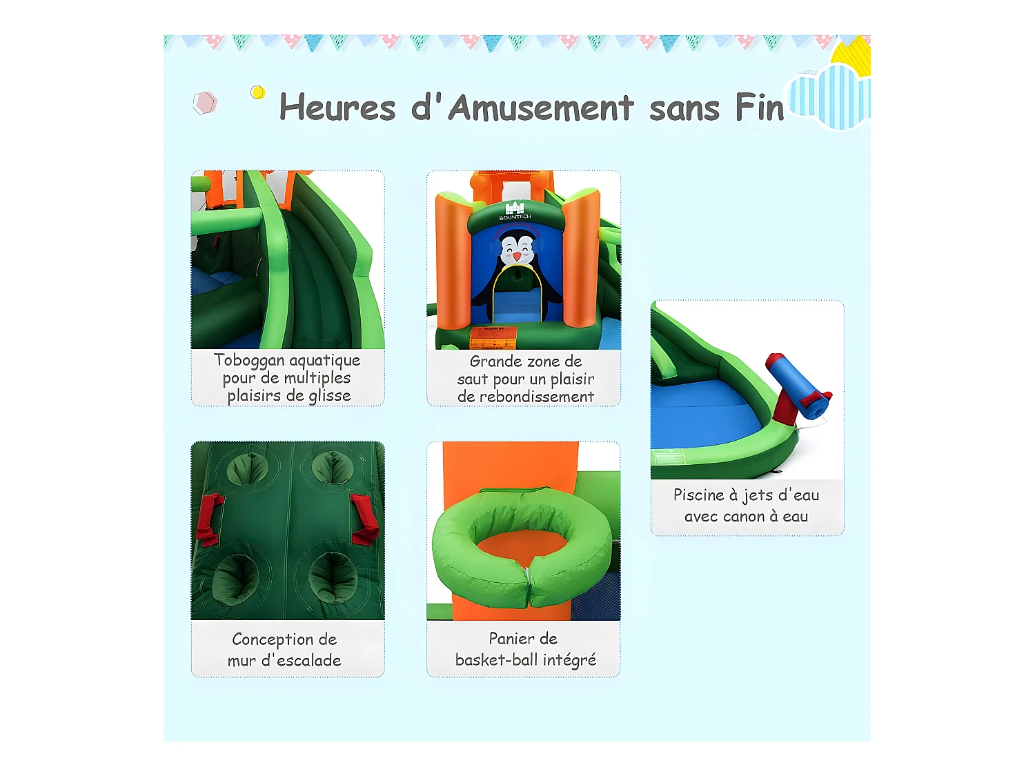 Château Gonflable avec Toboggans Aquatiques, Aire de Jeux Gonflable Piscine avec Motif de Pingouin