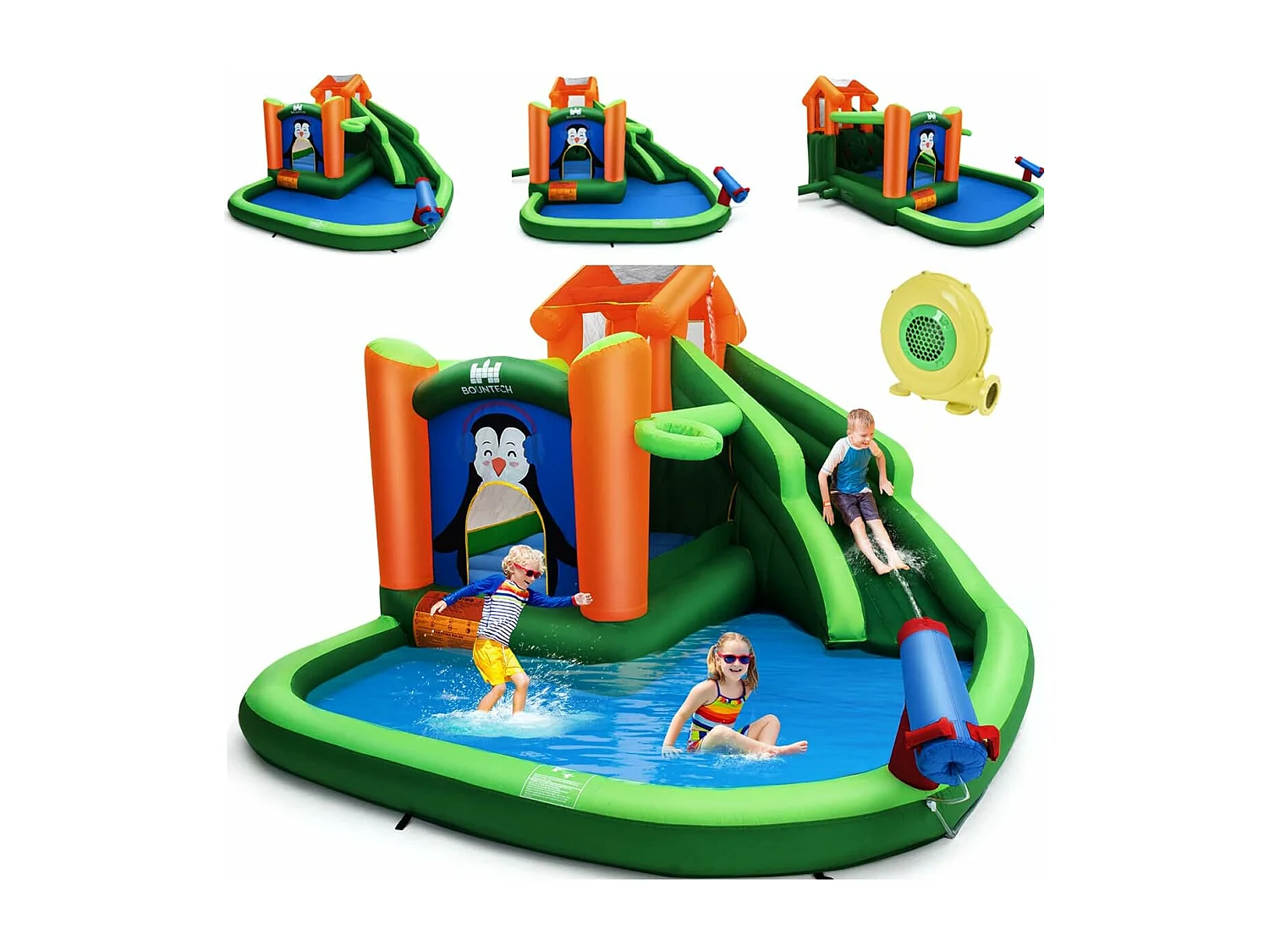 Château Gonflable avec Toboggans Aquatiques, Aire de Jeux Gonflable Piscine avec Motif de Pingouin
