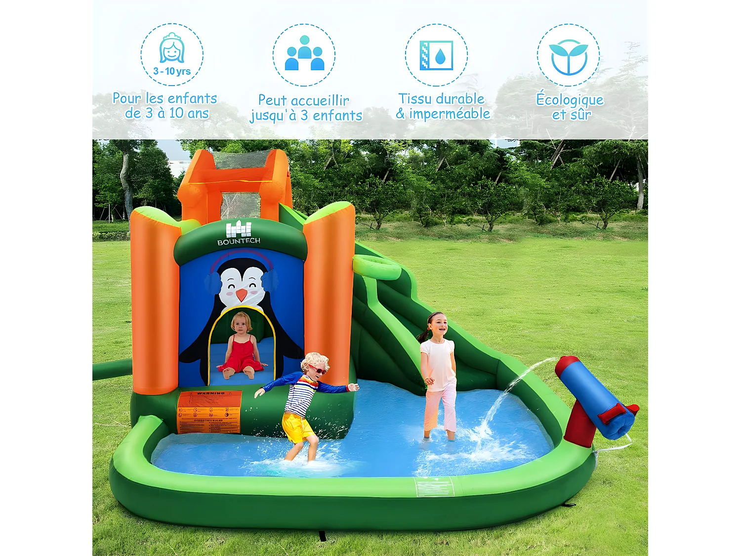 Château Gonflable avec Toboggans Aquatiques, Aire de Jeux Gonflable Piscine avec Motif de Pingouin