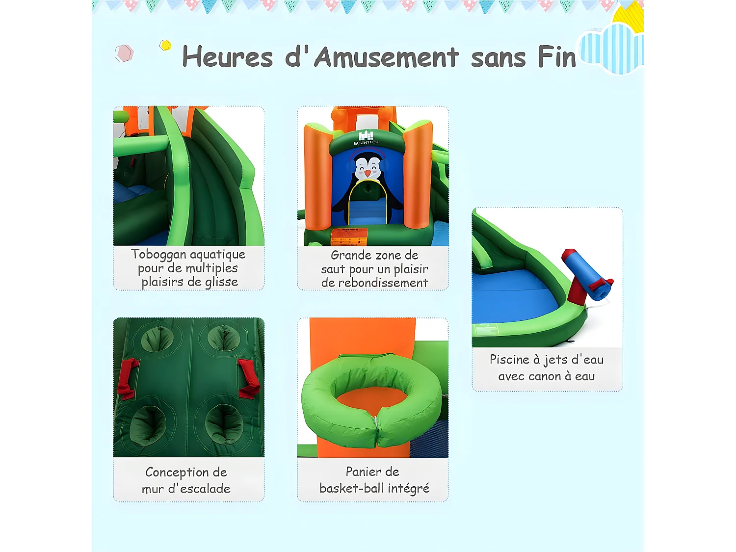 Château Gonflable avec Toboggans Aquatiques, Aire de Jeux Gonflable Piscine avec Motif de Pingouin