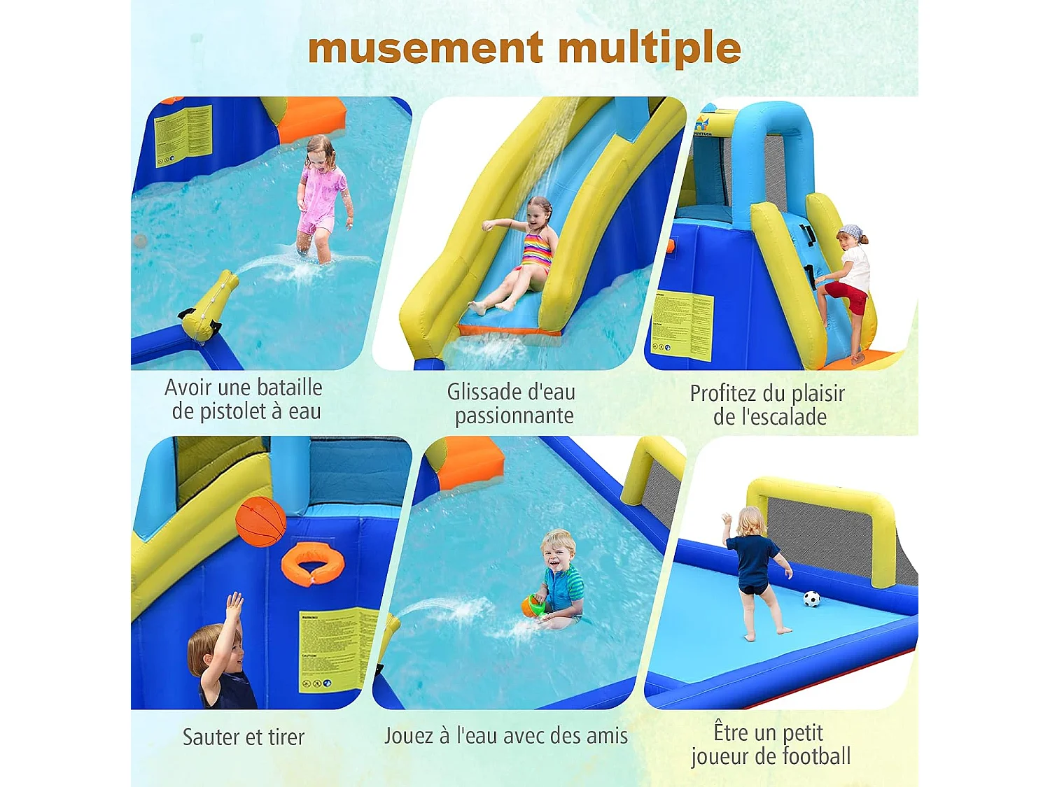 6 en 1 château gonflable aquatique avec piscine et toboggan,pour 3 ans+(avec souffleur 680W)
