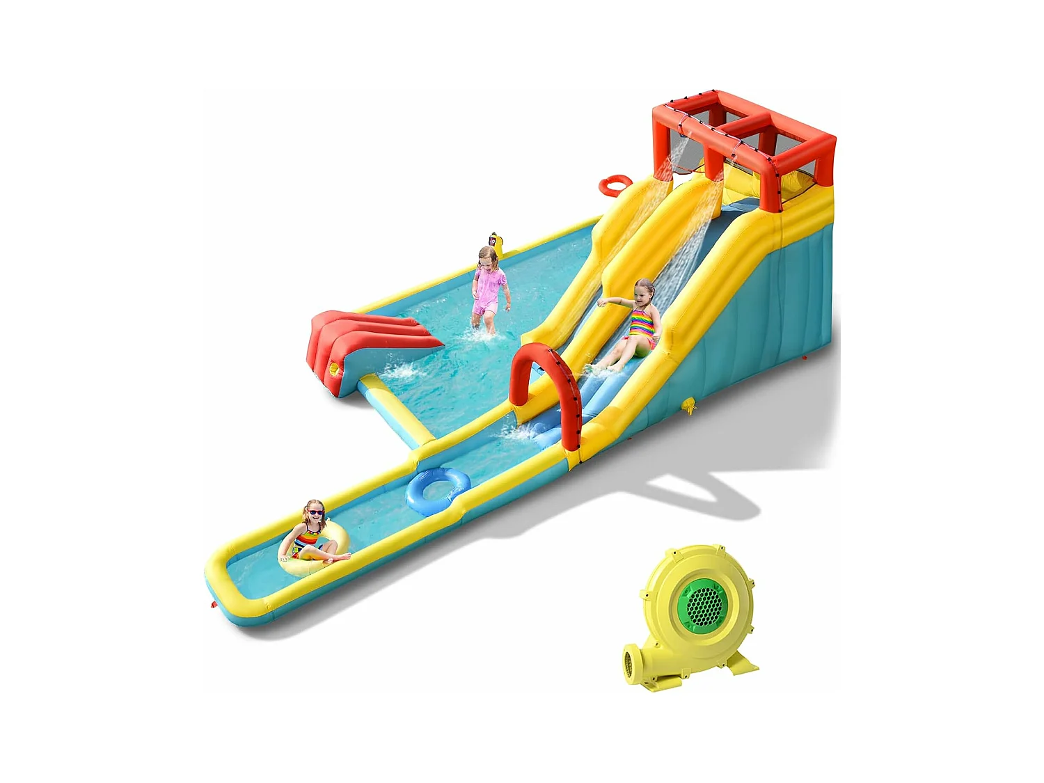 Toboggan Aquatique Gonflable 5 en 1 avec Pataugeoire, Aire de Jeux Gonflable en Oxford avec Mur d'escalade, Canon à Eau, pour Enfants de 3-10 Ans (sans souffleur)