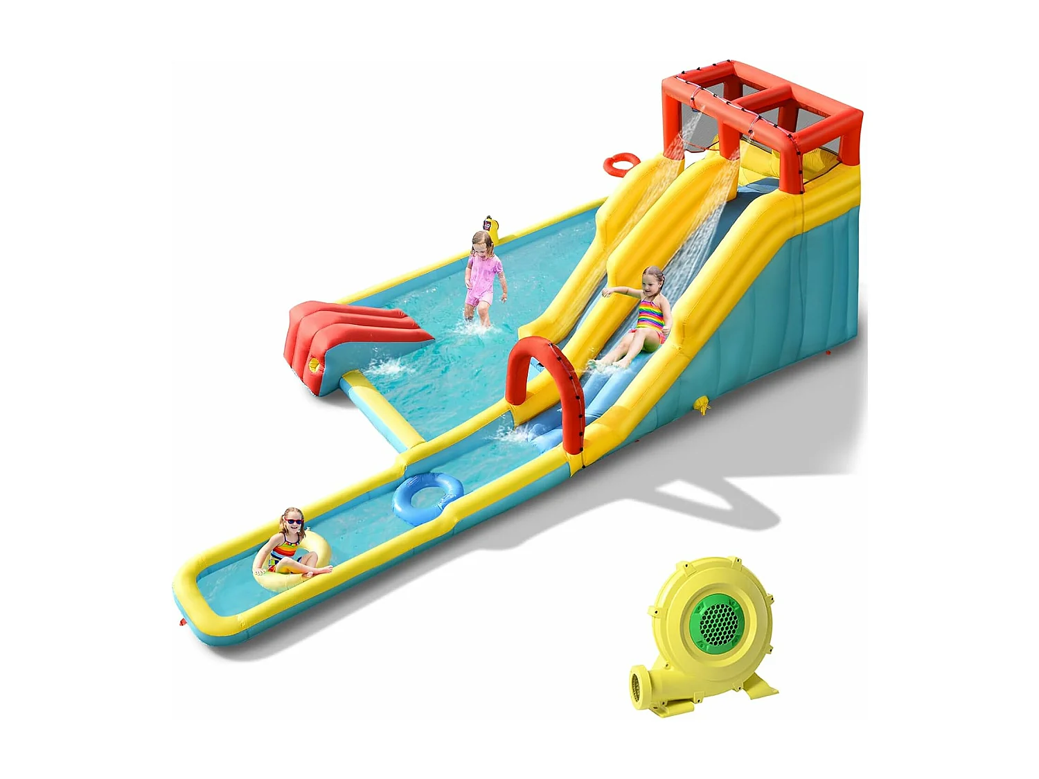 Toboggan Aquatique Gonflable 5 en 1 avec Pataugeoire, Aire de Jeux Gonflable en Oxford avec Mur d'escalade, Canon à Eau, pour Enfants de 3-10 Ans (sans souffleur)