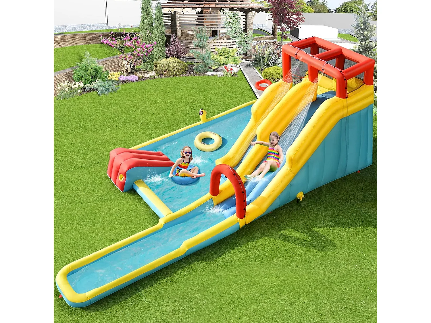 Toboggan Aquatique Gonflable 5 en 1 avec Pataugeoire, Aire de Jeux Gonflable en Oxford avec Mur d'escalade, Canon à Eau, pour Enfants de 3-10 Ans (sans souffleur)
