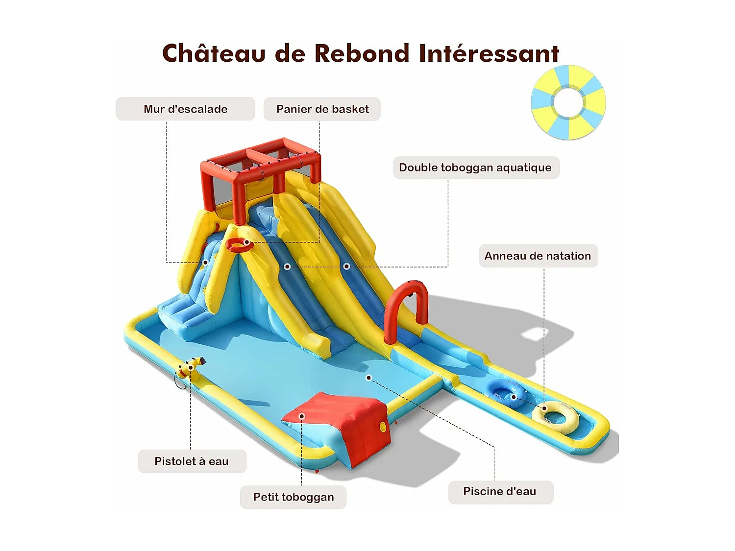 Toboggan Aquatique Gonflable 5 en 1 avec Pataugeoire, Aire de Jeux Gonflable en Oxford avec Mur d'escalade, Canon à Eau, pour Enfants de 3-10 Ans (sans souffleur)