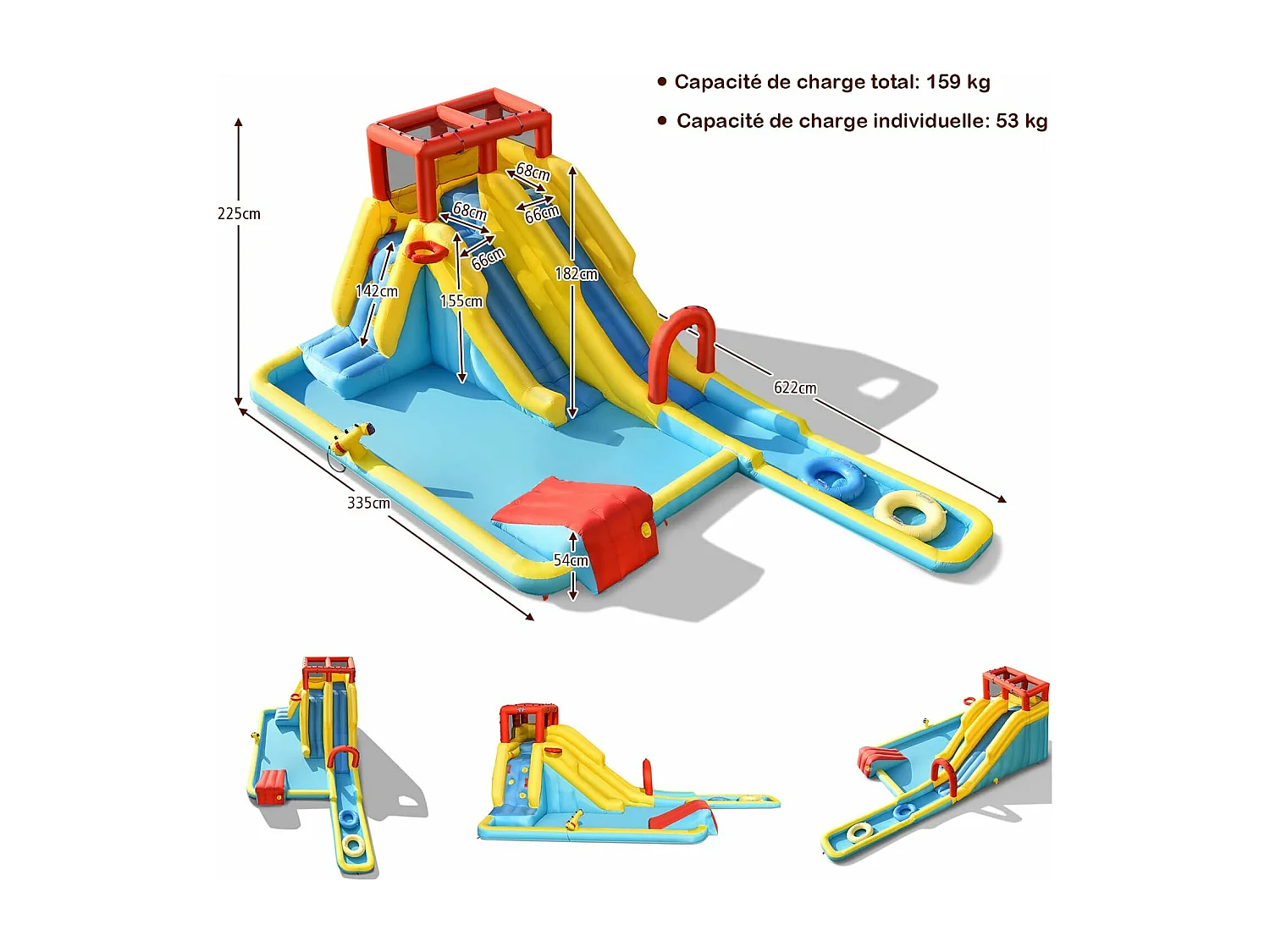 Toboggan Aquatique Gonflable 5 en 1 avec Pataugeoire, Aire de Jeux Gonflable en Oxford avec Mur d'escalade, Canon à Eau, pour Enfants de 3-10 Ans (sans souffleur)